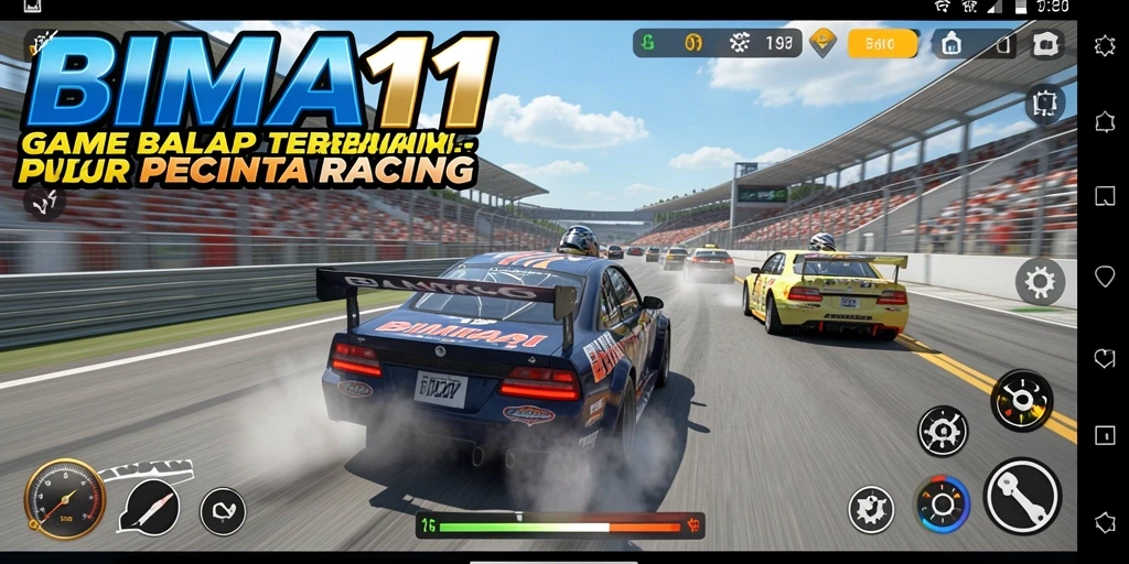 Screenshot gameplay BIMA11 menampilkan balapan yang cepat dan mendebarkan.
