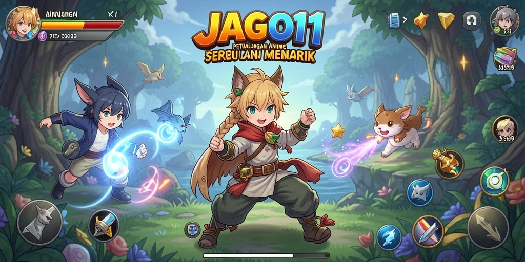 Screenshot gameplay JAGO11 memperlihatkan aksi karakter Anime yang dinamis.