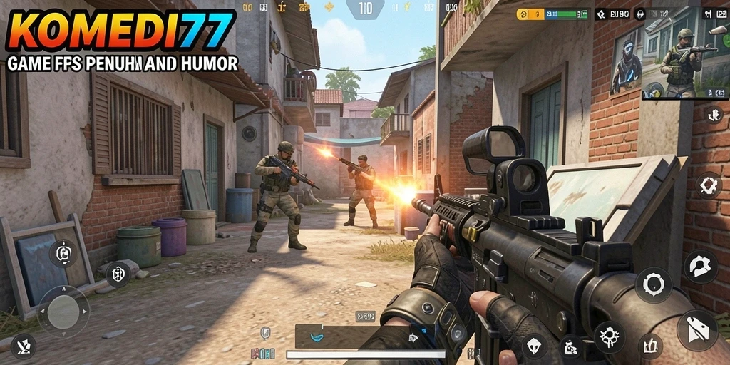 Tampilan aksi seru dalam gameplay FPS KOMEDI77.