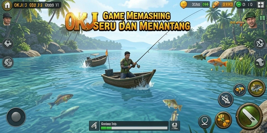 Screenshot gameplay OKJK yang menunjukkan momen memancing yang seru.
