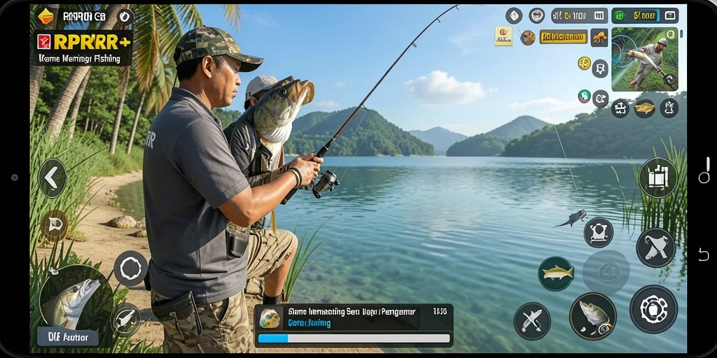 Screenshot menampilkan gameplay RPRR dengan aksi memancing yang seru.