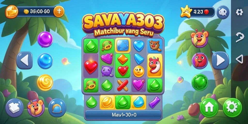 Tampilan gameplay seru dari SAVAYA303 dengan elemen Match-3 yang menarik.