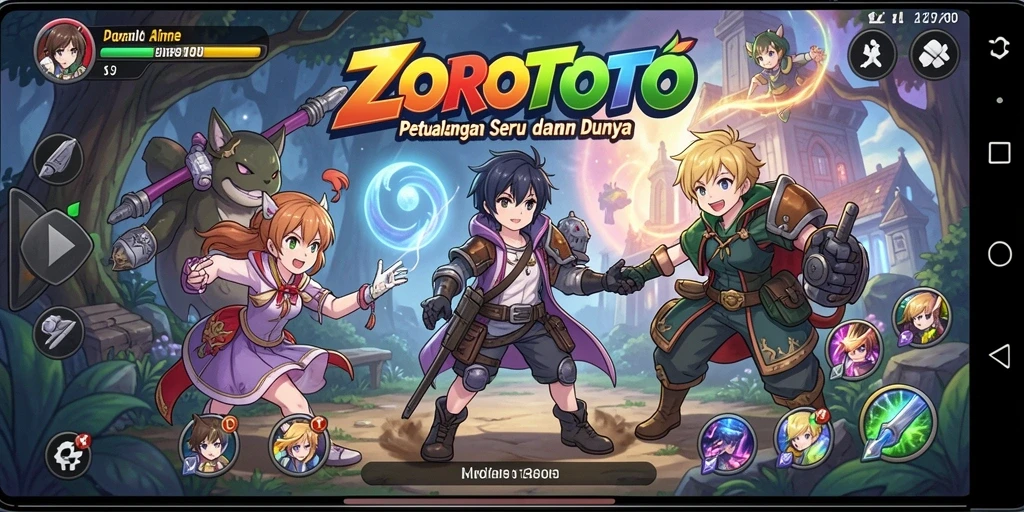 Screenshot ZOROTOTO menampilkan pertarungan epik karakter anime.